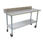 1.5m Stainless Steel Mobile Commercial Kitchen Bench 4 Wheels, Splashback, Shelf