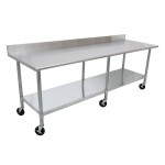 2.4m Stainless Steel Mobile Commercial Kitchen Bench 6 Wheels, Splashback, Shelf