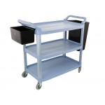 3 Tier Trolley Service Cart | 3x Shelf Tray + 2x End Bins | Commercial Cleaning